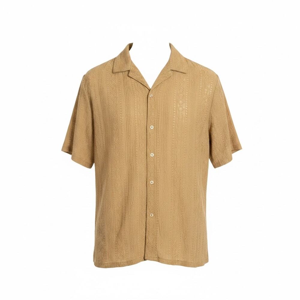 Guayabera Shirt Tan Textured Embroidered Cotton Button Up Medium Cabana Resort